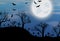 Halloween background with cemetry, bats and moon