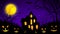 Halloween background. A creepy castle with glowing windows and pumpkin faces. Silhouette of a house, trees and bats with a glowing