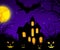 Halloween background. A creepy castle with glowing windows and pumpkin faces. Silhouette of a house, trees and bats with a glowing