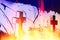 Halloween background with crosses without names and effects of fire and flames.