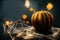 Halloween background decor spiderweb pumpkin bokeh AI generated