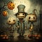 Halloween background, fantastic evil predatory creatures in black hats and Halloween pumpkins