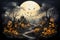 Halloween background with full moon, haunted house and bats. Halloween illustration. AI generated Generative AI