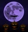 Halloween background with full Moon and pumpkins in dark night isolated. Halloween moon, scary bats