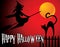 Halloween background with full orange moon, witch