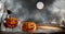 Halloween background funny and evil slain with the hammer. evil intentions Halloween pumpkin 3d-illustration