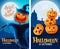 Halloween background, funny pumpkins. Greeting card for party and sale. Autumn holidays. Vector illustration EPS10.