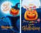 Halloween background, funny pumpkins. Greeting card for party and sale. Autumn holidays. Vector illustration EPS10.