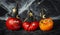 Halloween background. Funny tomati in witch hats with spiders on a dark background. Halloween food. Banner. Copy space