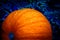 Halloween background. Glowing pumpkin in the moonlight nignt. Dark blue and orange halloween design.