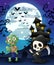Halloween background with grim reaper and zombie