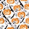 Halloween background. Hand drawn seamless pattern with pumpkins, bats, ghosts. White background.