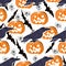 Halloween background. Hand drawn seamless pattern with pumpkins, bats, ghosts. White background.