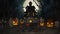 Halloween background with haunted house, covid 19 and bats, graves, at misty night spooky with fantastic big moon in sky