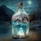 Halloween background with haunted house, ghost and magic potion bottle