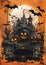 Halloween background illustration - mystery castle, pumpkin jack lanterns and full moon in horror night. Dark scary tree