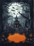 Halloween background illustration - mystery castle, pumpkin jack lanterns and full moon in horror night. Dark scary tree