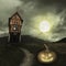 Halloween background with old house pumpkin moon