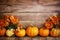 halloween background orange autumn fall season wood pumpkin food wooden leaf. Generative AI.