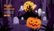 Halloween background with pumpkin, ghost, castle, moon, vector illustration
