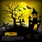 Halloween background with pumpkin, haunted house and full moon.