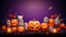 Halloween background with pumpkins and bats. Coloful illustration for your design. selective focus. Generative AI