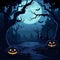 Halloween background with pumpkins, bats and trees, vector illustration.Generative AI