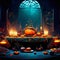 Halloween background with pumpkins, candles and candlesticks. Generative AI