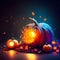 Halloween background with pumpkins, candles and leaves on dark background generative AI