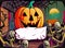 Halloween background with pumpkins and empty sheet of paper. illustration ai generative