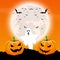 Halloween background with pumpkins and ghost in a moonlit landscape