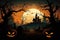 Halloween background with pumpkins, graveyard and castle