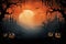 Halloween background with pumpkins, graveyard and full moon.