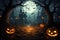 Halloween background with pumpkins, graveyard and moon