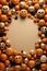 Halloween background with pumpkins and spiders. Top view. Copy space