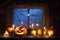 Halloween background, pumpkins stand in a row against the background of a barn window