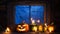 Halloween background, pumpkins stand in a row on the background of a barn