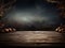 Halloween background with pumpkins on wooden table looking out to a dark foggy landscape