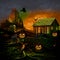 Halloween Background Scary Full Moon Haunted House Cemetery Grave Stone, Black Raven Crow Bat Spider Pumpkin Jack o Lantern