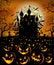 Halloween background with scary pumpkins and Dracula castle