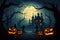 Halloween background with scary pumpkins, moon and trees and bats