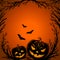 Halloween background. Scary tree twigs, bats and pumpkin lanterns