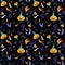 Halloween background. Seamless pattern. Orange pumpkins in green hats.  Violet and orange leaves, branches.