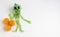 Halloween Background.A small green skeleton on a white background. Space for your text