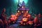 Halloween background with spooky cartoon pumpkins and house