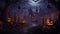 Halloween background spooky forest with full moon and wooden table