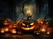 Halloween background with spooky Jack o Lanterns and candles