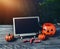 Halloween background. Spooky pumpkin, Black spider, chalkboard o