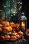 Halloween background spooky scene, creepy pumpkins scary backdrop.