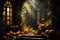 Halloween background spooky scene, creepy pumpkins scary backdrop.